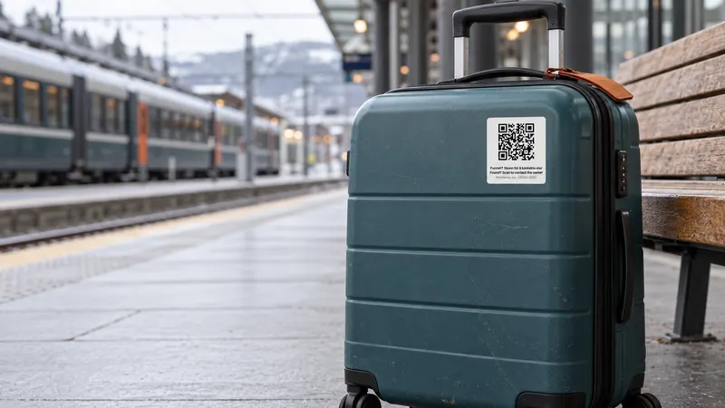 Grønn koffert på en togperrong, med et Finnmerke på siden.